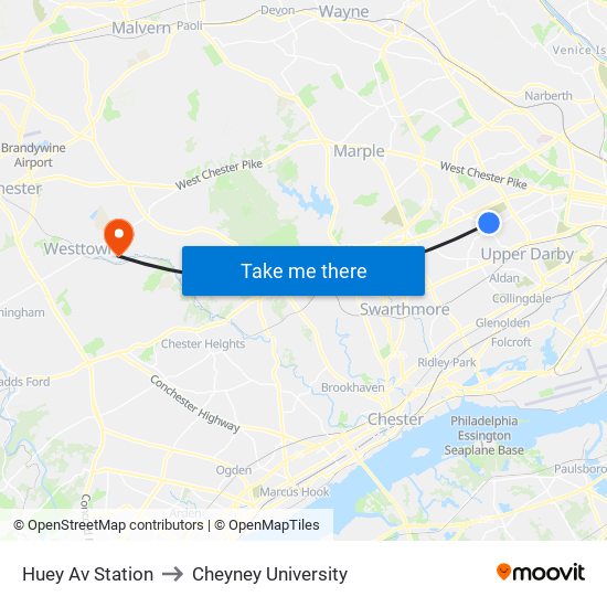 Huey Av Station to Cheyney University map