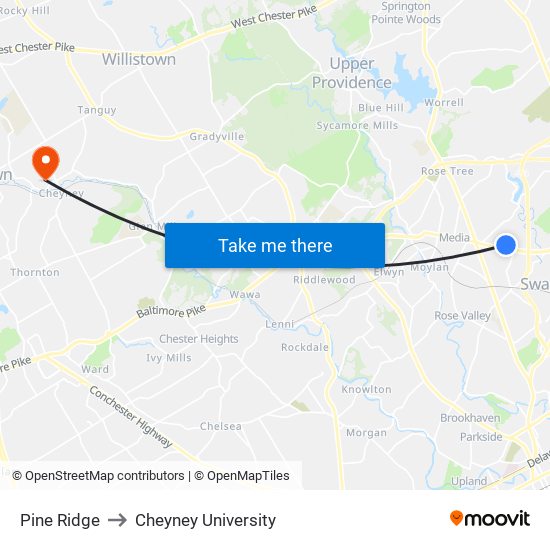 Pine Ridge to Cheyney University map