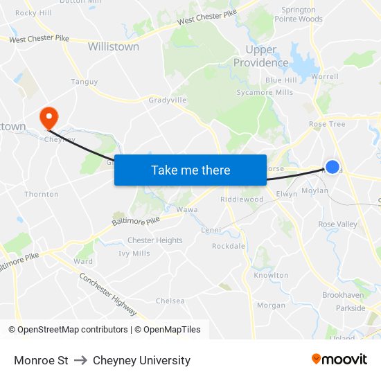 Monroe St to Cheyney University map