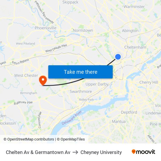 Chelten Av & Germantown Av to Cheyney University map