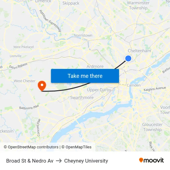 Broad St & Nedro Av to Cheyney University map