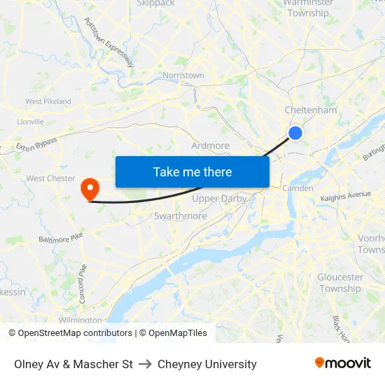 Olney Av & Mascher St to Cheyney University map