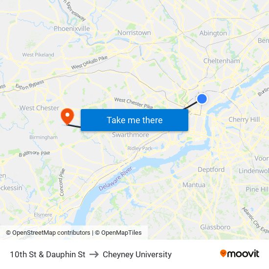 10th St & Dauphin St to Cheyney University map