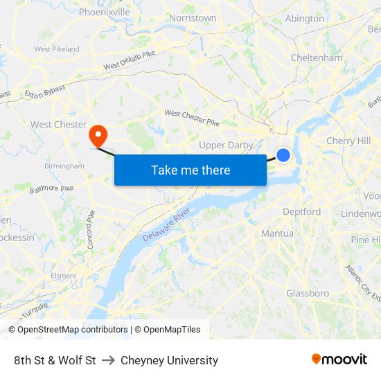 8th St & Wolf St to Cheyney University map