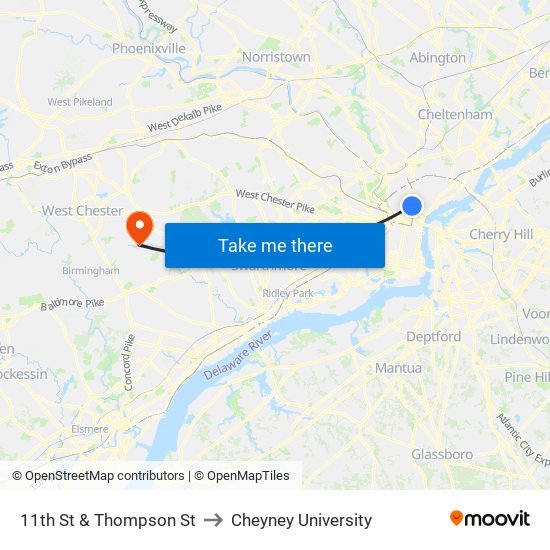 11th St & Thompson St to Cheyney University map