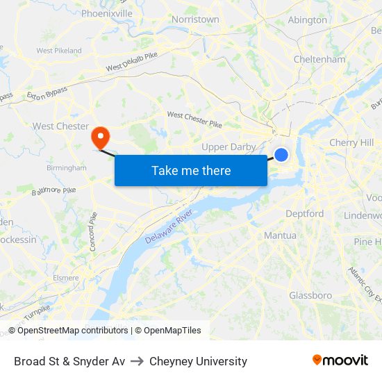 Broad St & Snyder Av to Cheyney University map