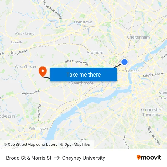 Broad St & Norris St to Cheyney University map