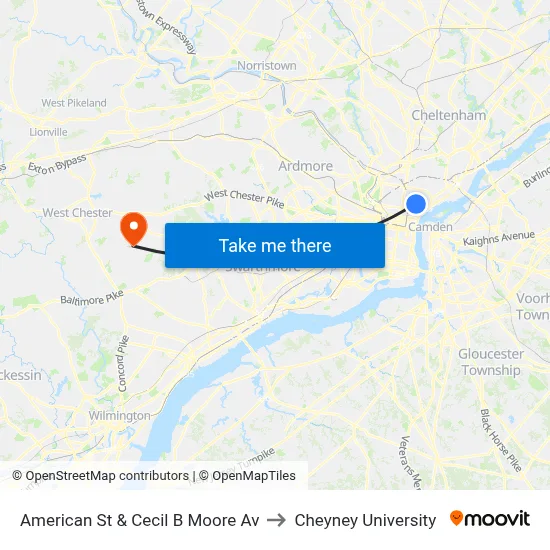 American St & Cecil B Moore Av to Cheyney University map