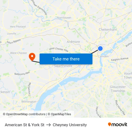 American St & York St to Cheyney University map