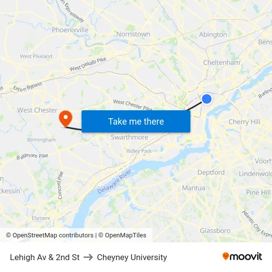 Lehigh Av & 2nd St to Cheyney University map