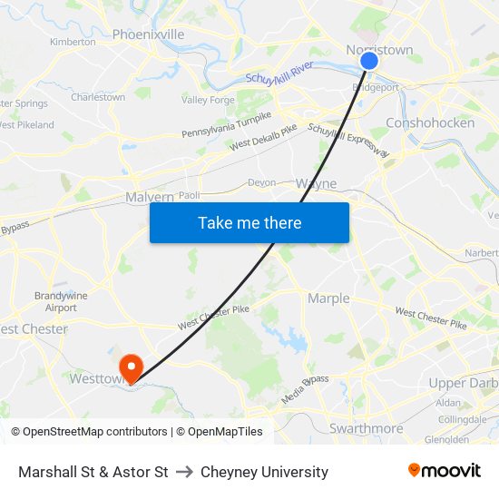 Marshall St & Astor St to Cheyney University map