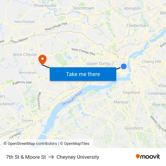7th St & Moore St to Cheyney University map