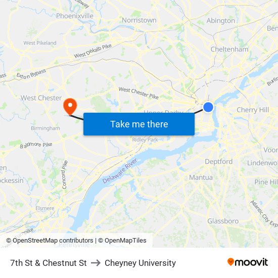 7th St & Chestnut St to Cheyney University map