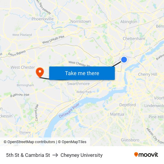 5th St & Cambria St to Cheyney University map