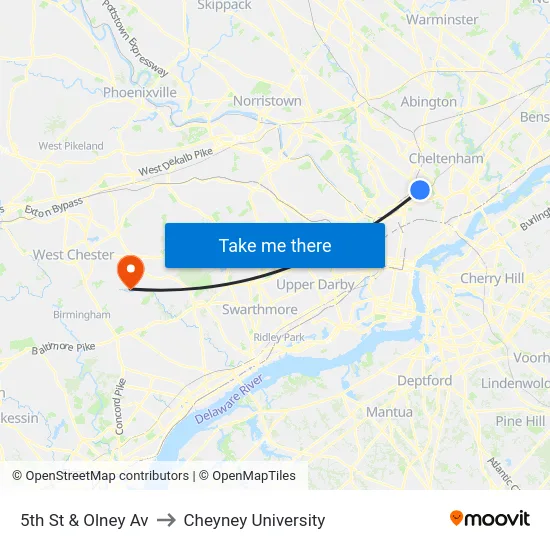 5th St & Olney Av to Cheyney University map