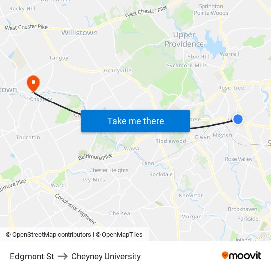 Edgmont St to Cheyney University map