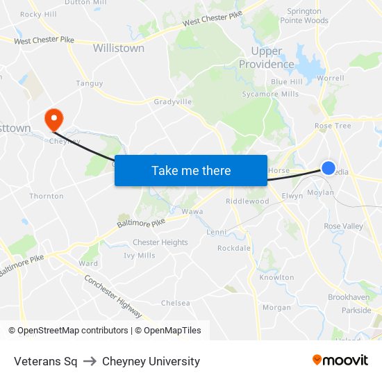 Veterans Sq to Cheyney University map