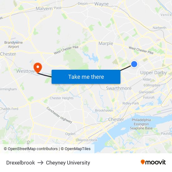 Drexelbrook to Cheyney University map
