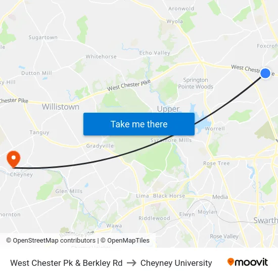 West Chester Pk & Berkley Rd to Cheyney University map