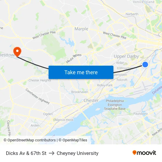 Dicks Av & 67th St to Cheyney University map
