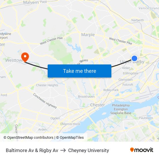 Baltimore Av & Rigby Av to Cheyney University map