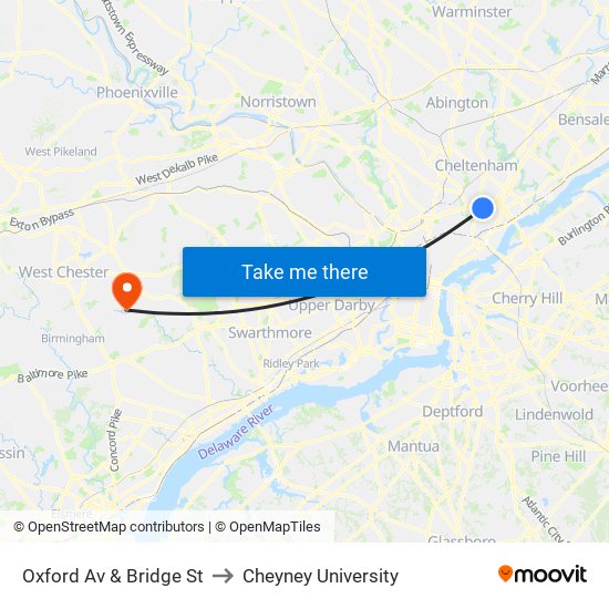 Oxford Av & Bridge St to Cheyney University map