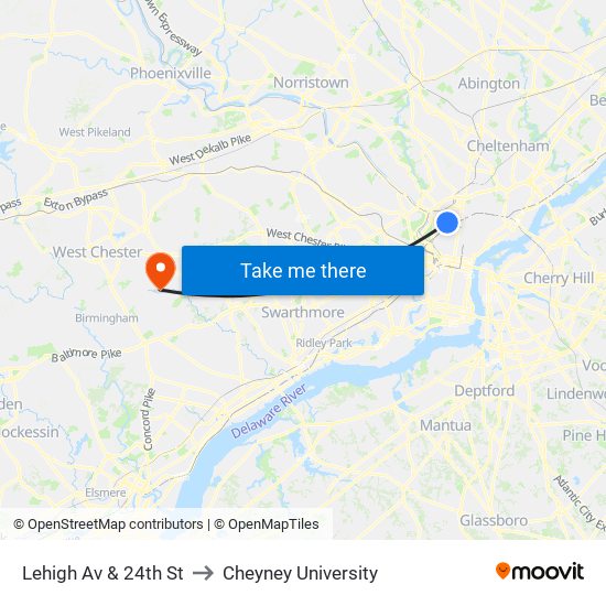 Lehigh Av & 24th St to Cheyney University map