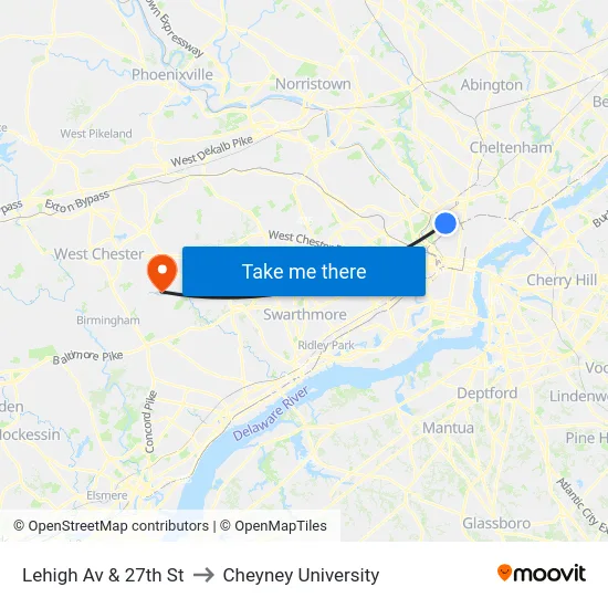 Lehigh Av & 27th St to Cheyney University map