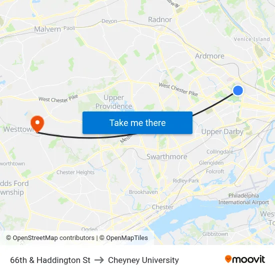 66th & Haddington St to Cheyney University map