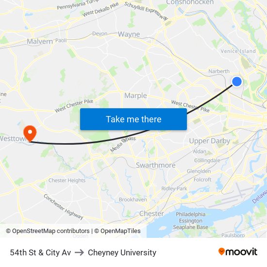 54th St & City Av to Cheyney University map