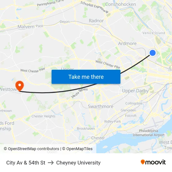 City Av & 54th St to Cheyney University map