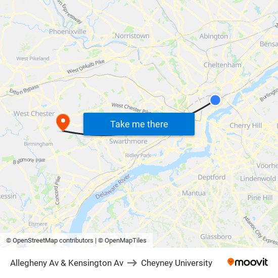 Allegheny Av & Kensington Av to Cheyney University map