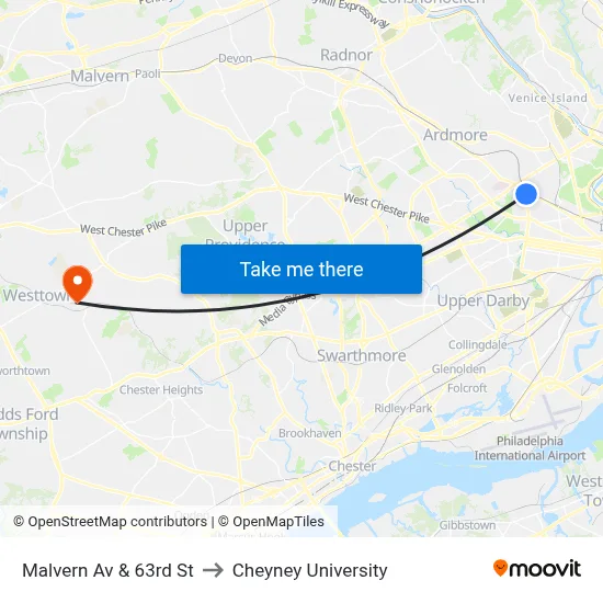 Malvern Av & 63rd St to Cheyney University map