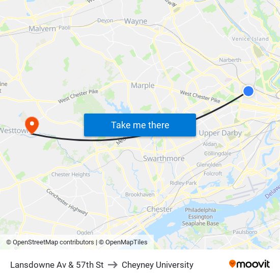 Lansdowne Av & 57th St to Cheyney University map