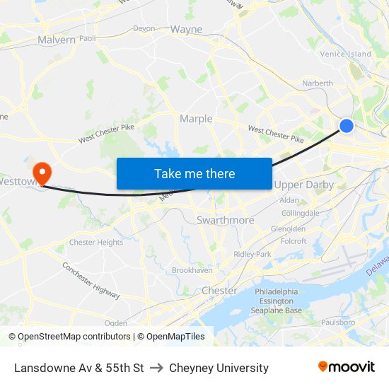 Lansdowne Av & 55th St to Cheyney University map