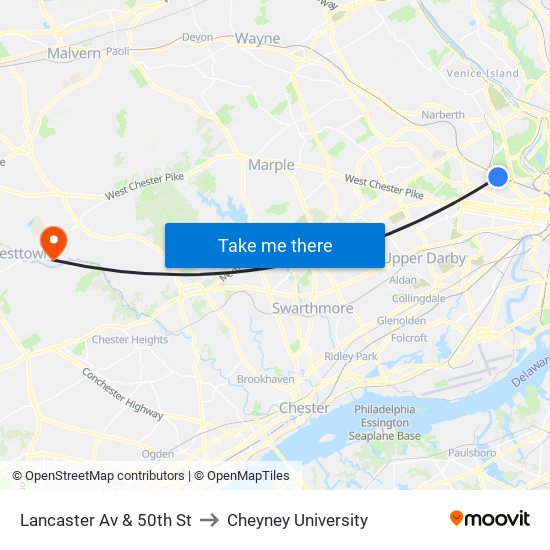 Lancaster Av & 50th St to Cheyney University map