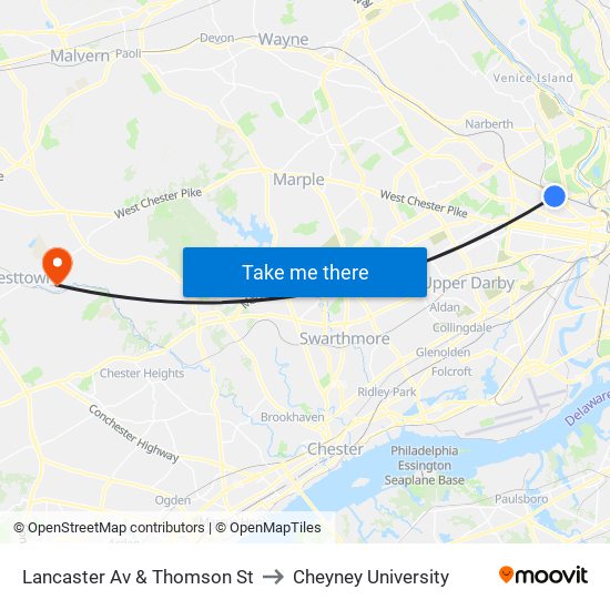 Lancaster Av & Thomson St to Cheyney University map