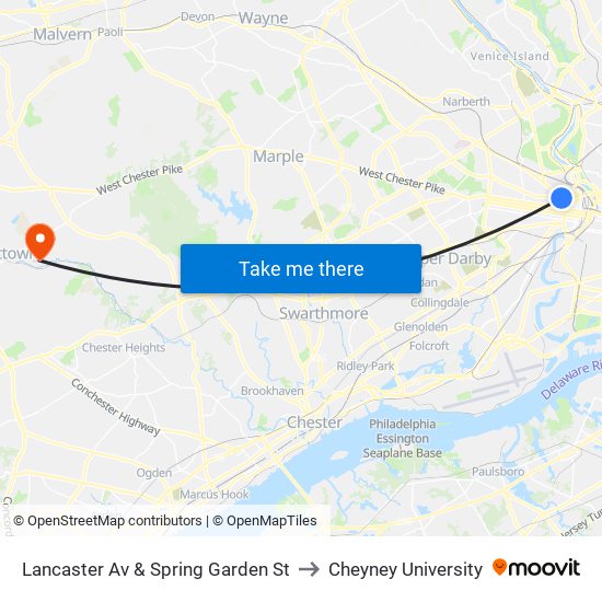 Lancaster Av & Spring Garden St to Cheyney University map
