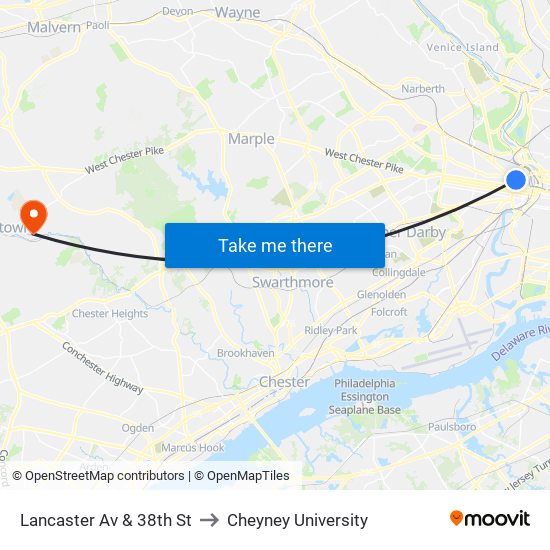 Lancaster Av & 38th St to Cheyney University map