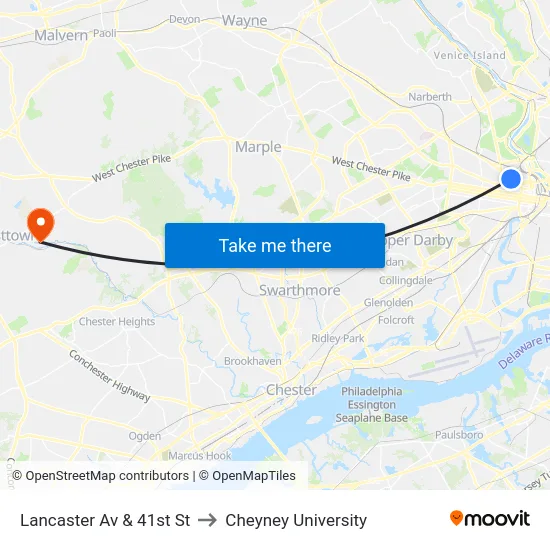 Lancaster Av & 41st St to Cheyney University map