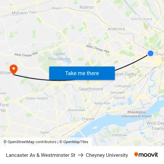 Lancaster Av & Westminster St to Cheyney University map