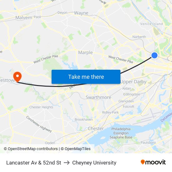 Lancaster Av & 52nd St to Cheyney University map