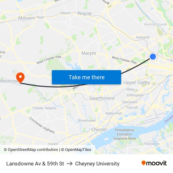 Lansdowne Av & 59th St to Cheyney University map