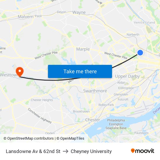 Lansdowne Av & 62nd St to Cheyney University map