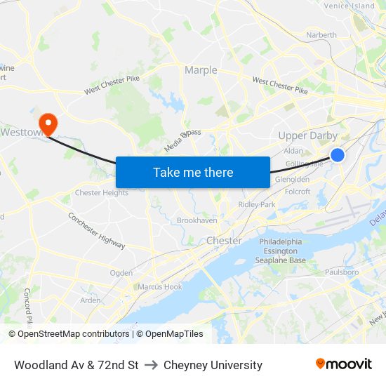 Woodland Av & 72nd St to Cheyney University map