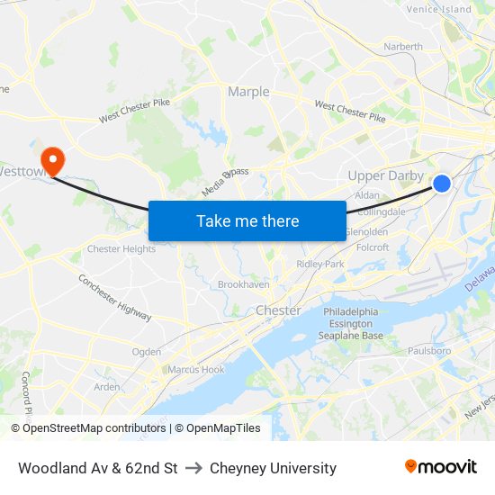 Woodland Av & 62nd St to Cheyney University map