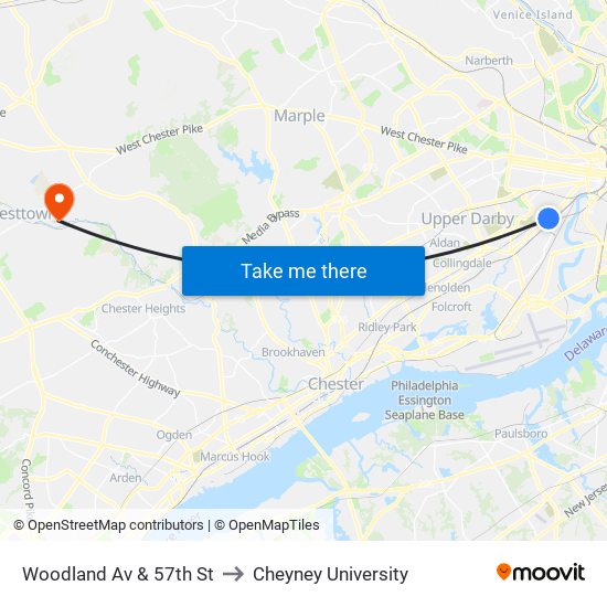 Woodland Av & 57th St to Cheyney University map