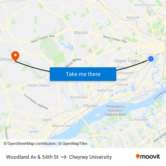 Woodland Av & 54th St to Cheyney University map