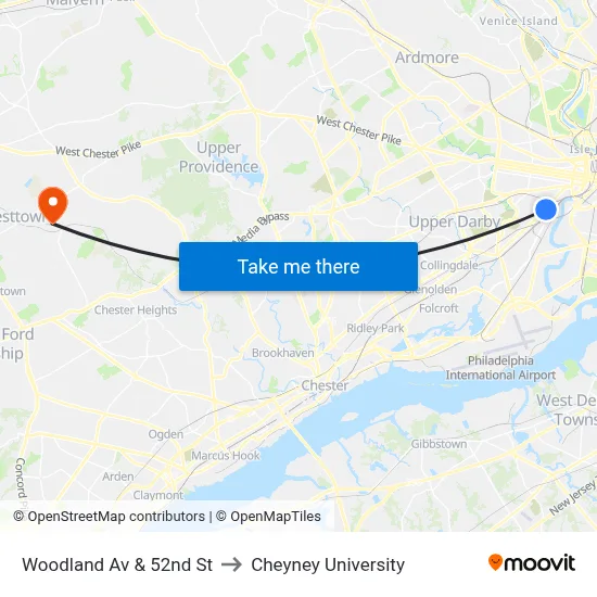 Woodland Av & 52nd St to Cheyney University map