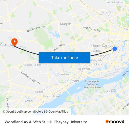 Woodland Av & 65th St to Cheyney University map